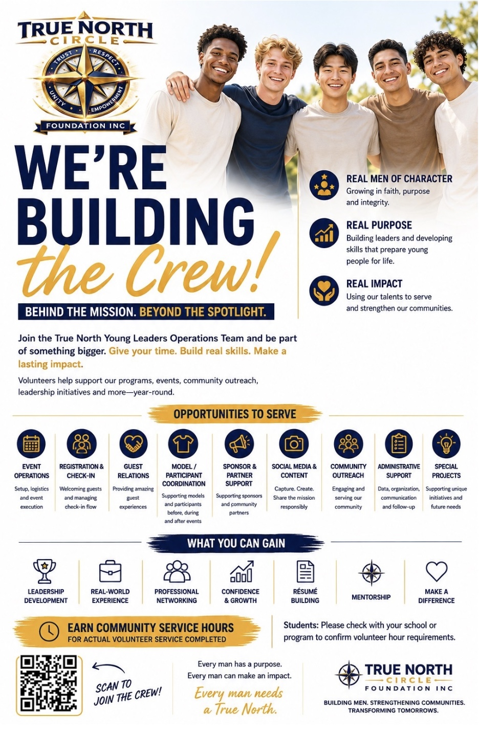 We're Building The Crew — True North Circle Foundation young leaders volunteer opportunities flyer