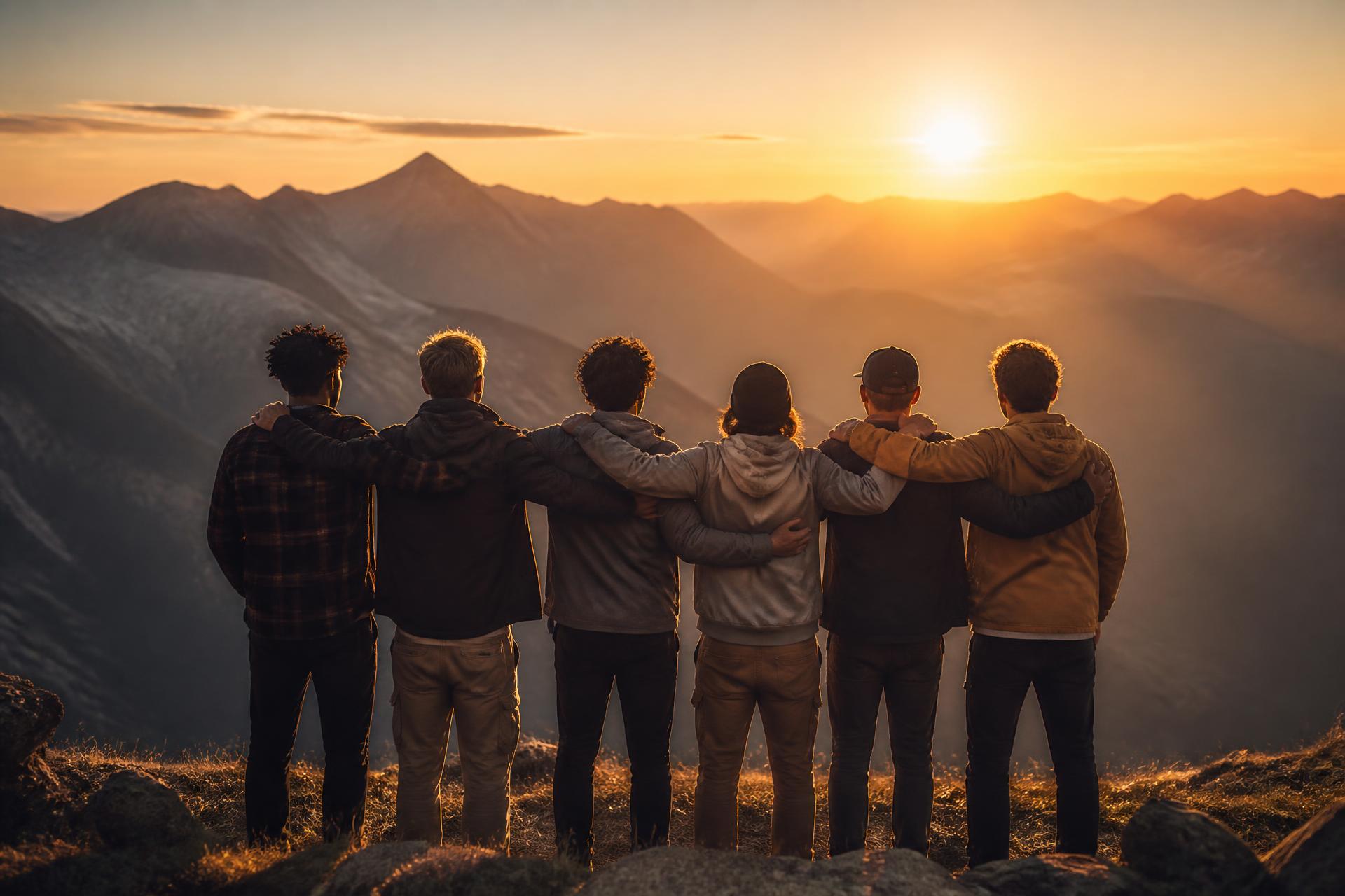 A diverse group of young men standing together on a mountain ridge at sunrise